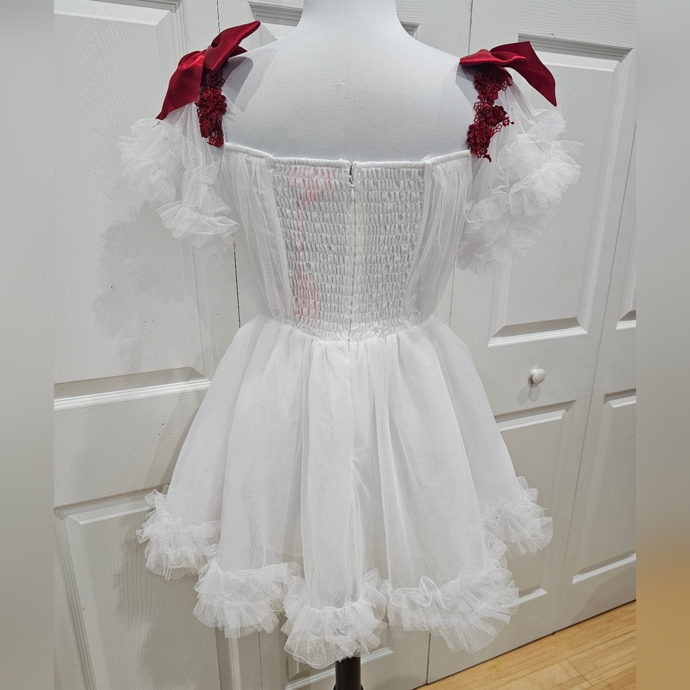 ~SOLD~ Dolls Kill Sugar Thrillz White Tulle Red Bow Winter Rose Mini Dress S - Picture 5 of 8